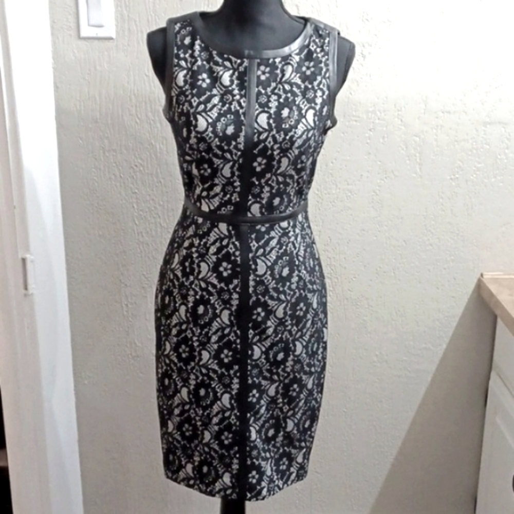 Calvin Klein Black Lace and Faux Leather Sleeveless Sheath Dress